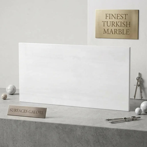 A polished white turkish marble slab bianco dolomite with a smooth minimalist finish 18x36 size