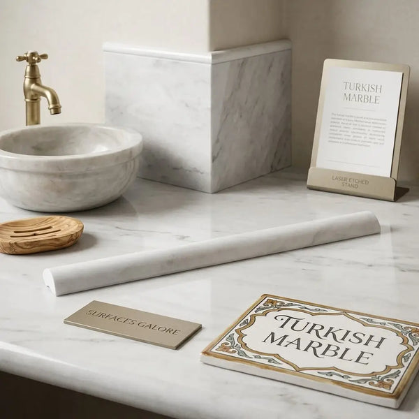 White turkish marble rolling pin with subtle gray veining featuring polished bianco dolomite quarter-round trim liner