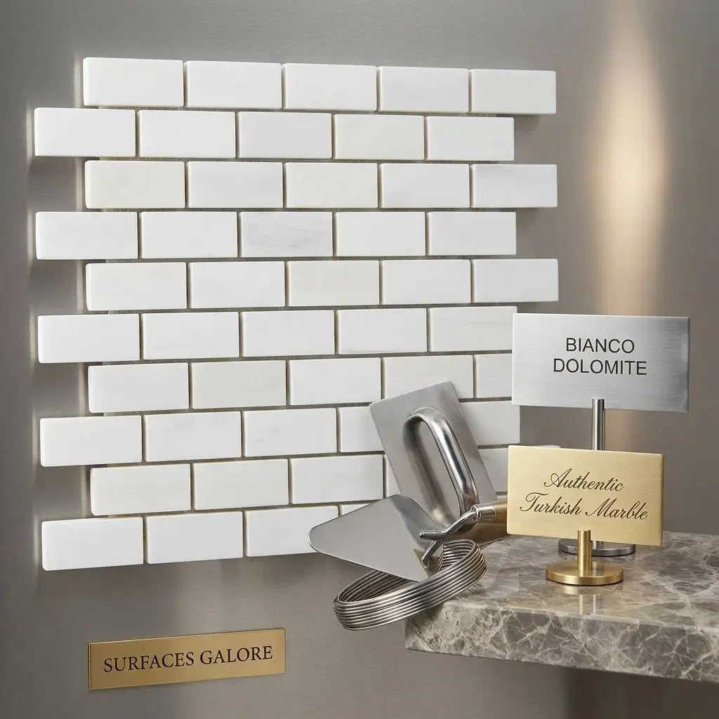 White rectangular bianco dolomite polished marble mosaic tiles arranged in a 1x2 brick pattern