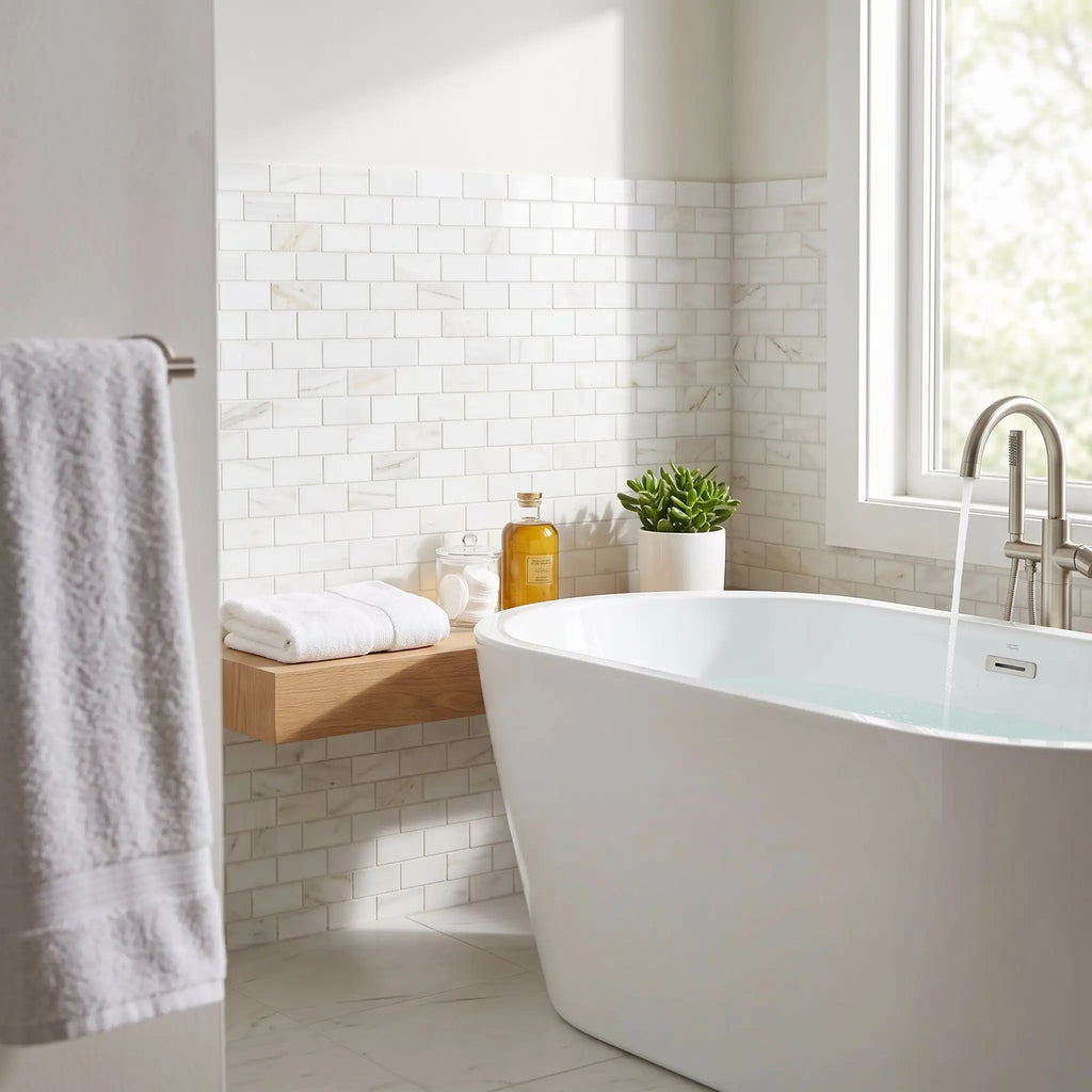 White freestanding bathtub with sleek modern design and glossy finish against bianco dolomite white dolomite 1x2 brick marble background