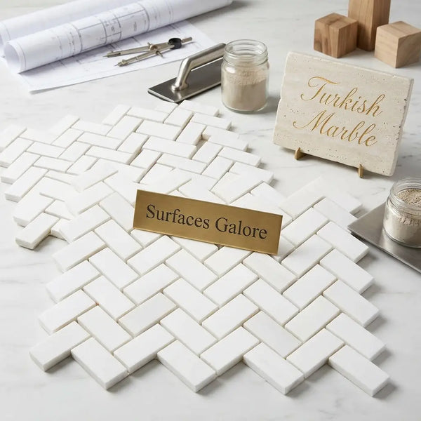 White rectangular bianco dolomite marble tiles arranged in a polished or honed herringbone mosaic pattern