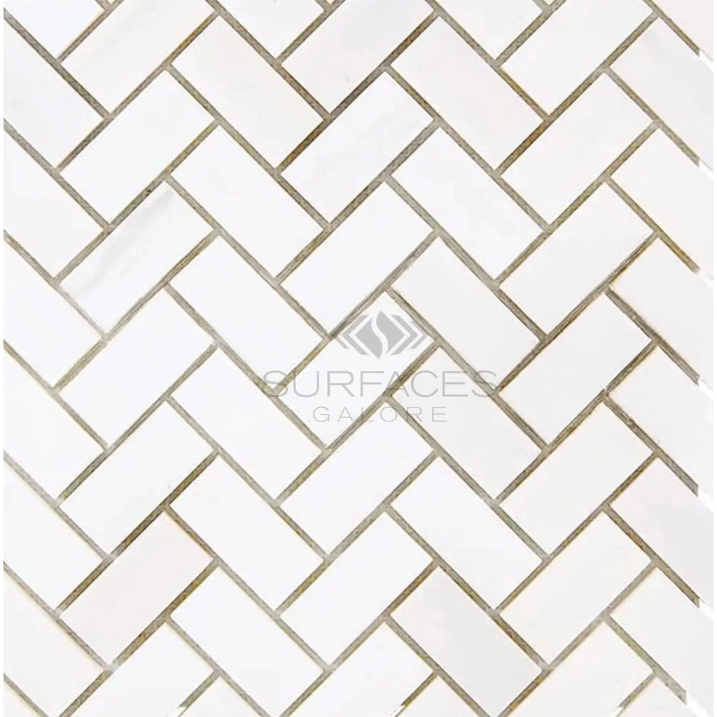 White herringbone tile pattern in Bianco Dolomite Marble Mosaic Honed finish