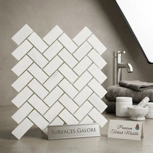 Bianco dolomite white dolomite 1x2 herringbone round-faced honed marble mosaic with sleek modern tiles