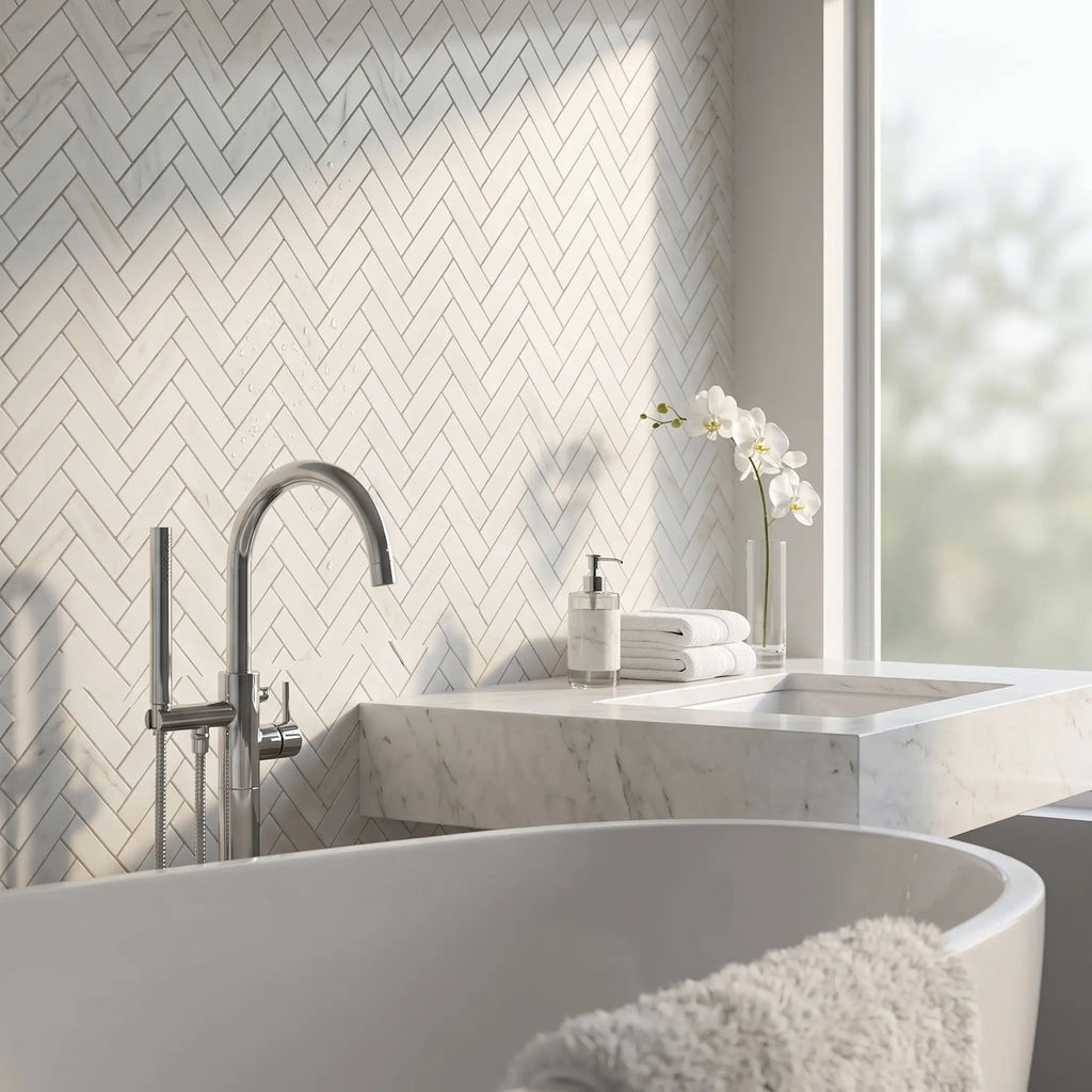 Modern chrome-finished faucet with a sleek curved spout and integrated handheld showerhead shown with white dolomite marble mosaic
