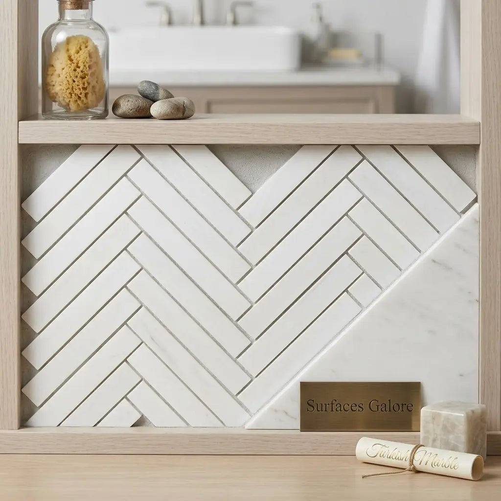 White marble bianco dolomite 1x6 herringbone mosaic polished or honed tiles arranged in a herringbone pattern