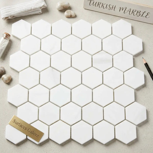 White hexagon mosaic marble tile with smooth glossy finish bianco dolomite polished or honed 2 inch tiles