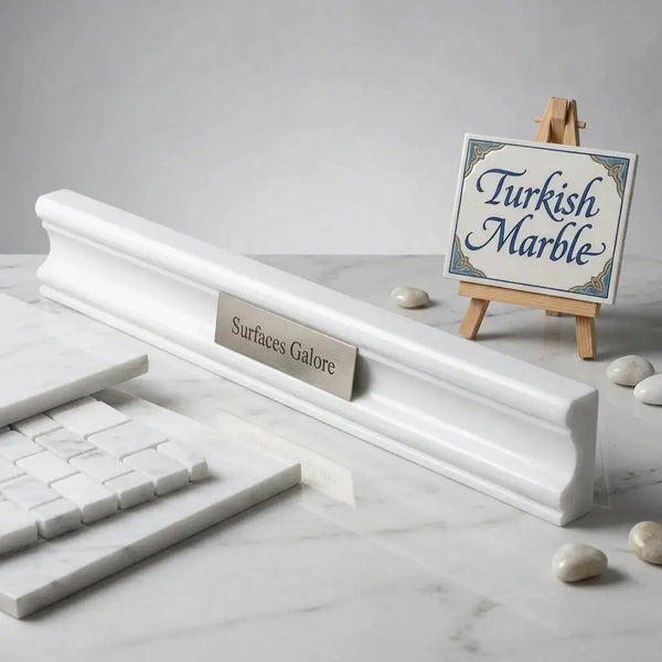 White marble crown molding bianco dolomite with polished finish and decorative grooves 2x12 milano liner