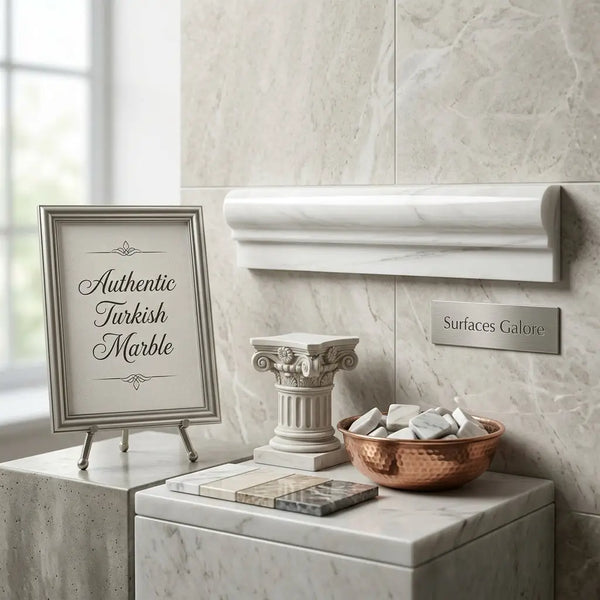A polished white marble single-step chair rail trim featuring intricate fluting and decorative scrollwork