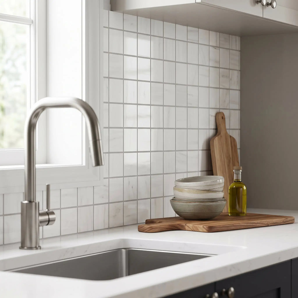 Stainless steel kitchen faucet with sleek curved spout and modern design paired with bianco dolomite white marble mosaic