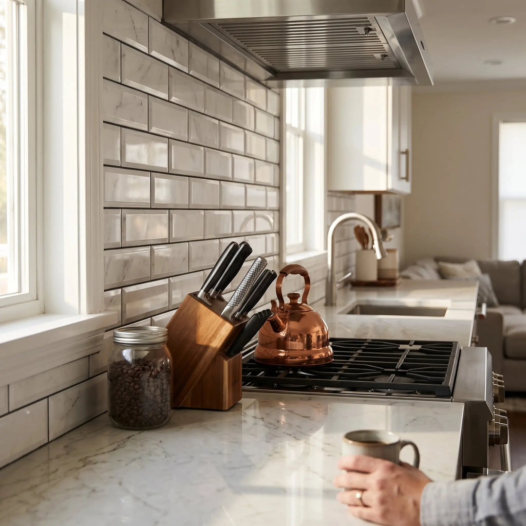A polished copper kettle with rounded body and curved handle on a stovetop next to bianco dolomite white dolomite 2x4 brick mosaic marble