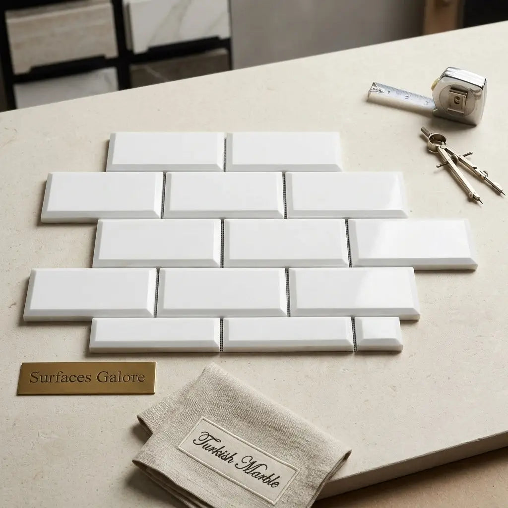 White rectangular bianco dolomite marble subway tiles arranged in a deep-beveled 2x4 brick pattern polished-honed