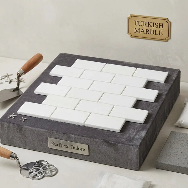 Bianco dolomite white dolomite 2x4 brick mosaic marble tiles polished arranged in running bond on dark gray base