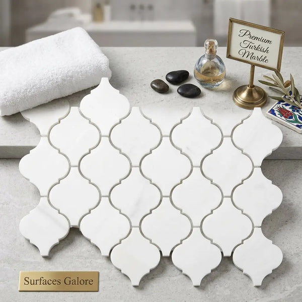White turkish marble quatrefoil mosaic tile bianco dolomite 3 inch polished or honed arabesque lantern design