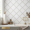White ceramic tile bianco dolomite 3 inch lantern mosaic with gray quatrefoil arabesque pattern polished or honed marble