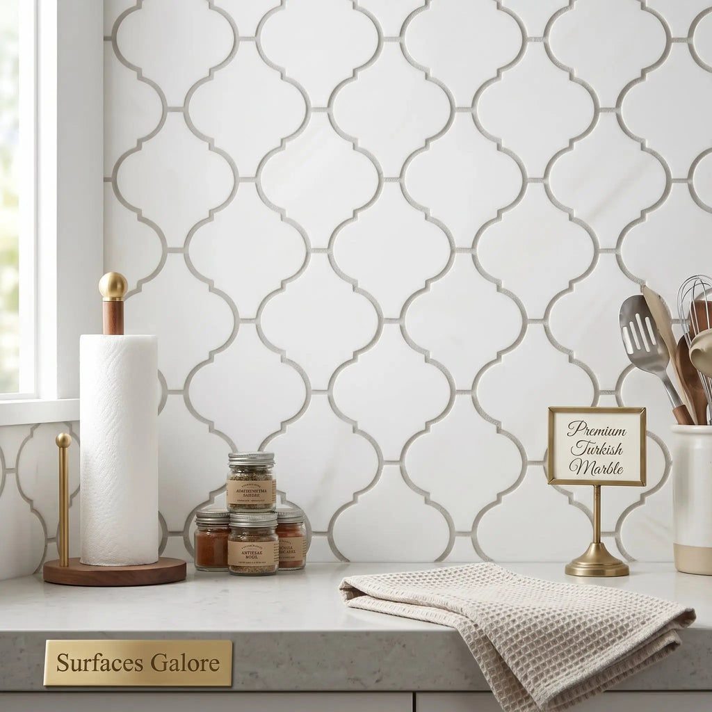 White ceramic tile bianco dolomite 3 inch lantern mosaic with gray quatrefoil arabesque pattern polished or honed marble