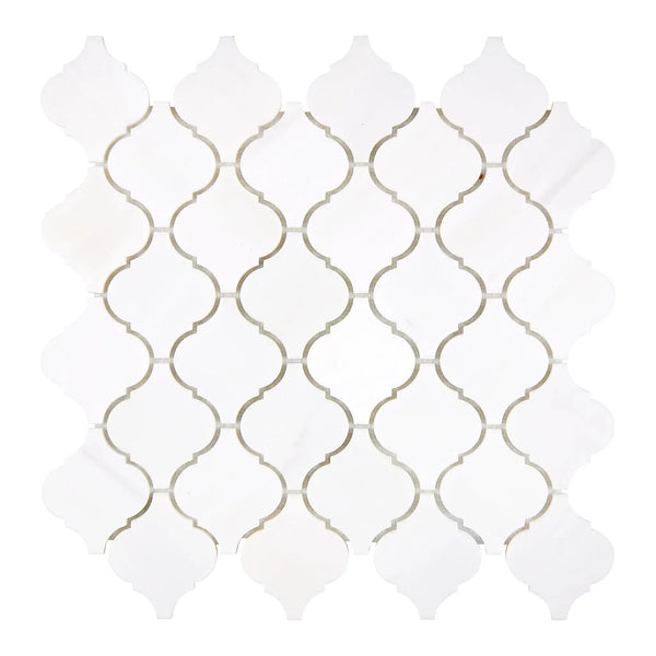 White Arabesque tile mosaic of Bianco Dolomite 3-inch Lantern Marble polished finish
