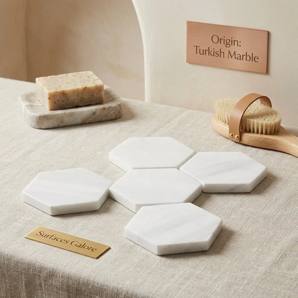 White hexagonal marble coasters in bianco dolomite with subtle veining polished or honed finish