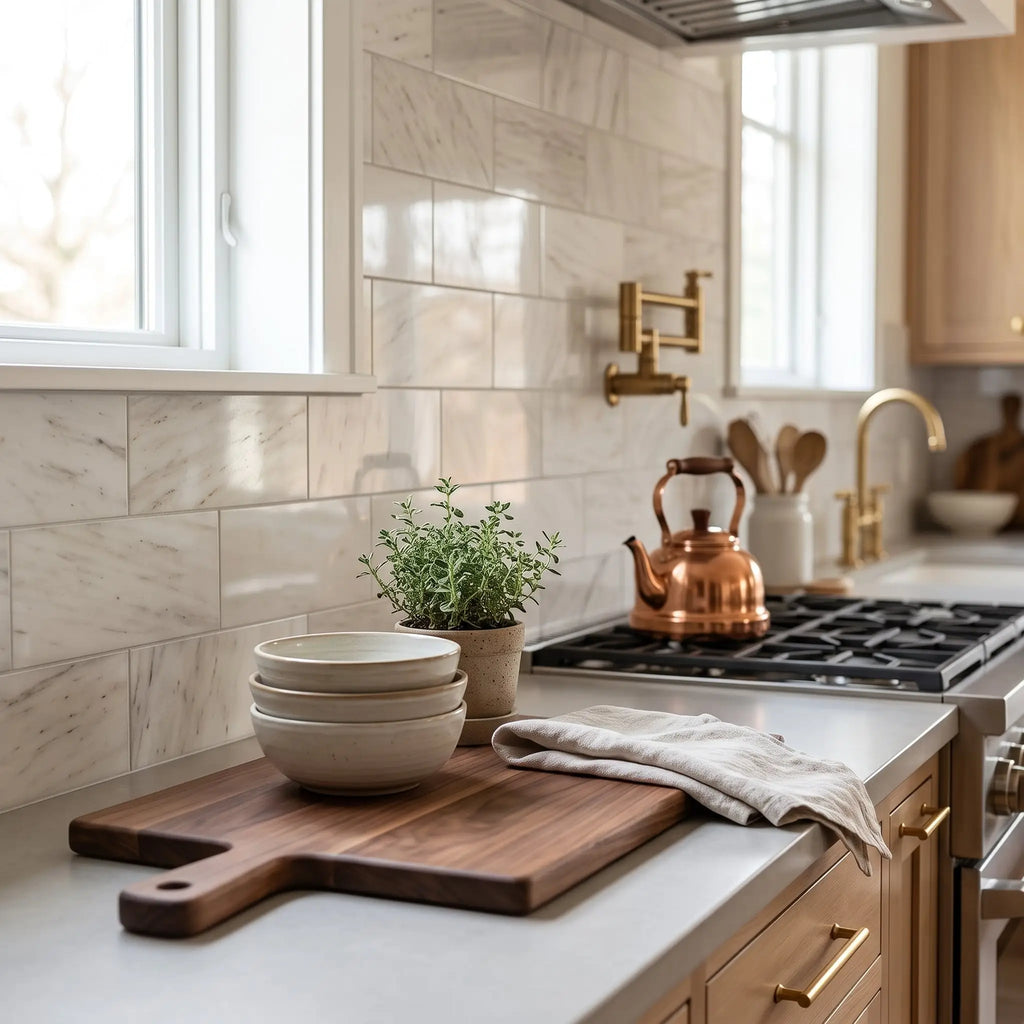 A polished copper kettle with wooden handle and lid on a stovetop on bianco dolomite white dolomite marble 4x12 surface