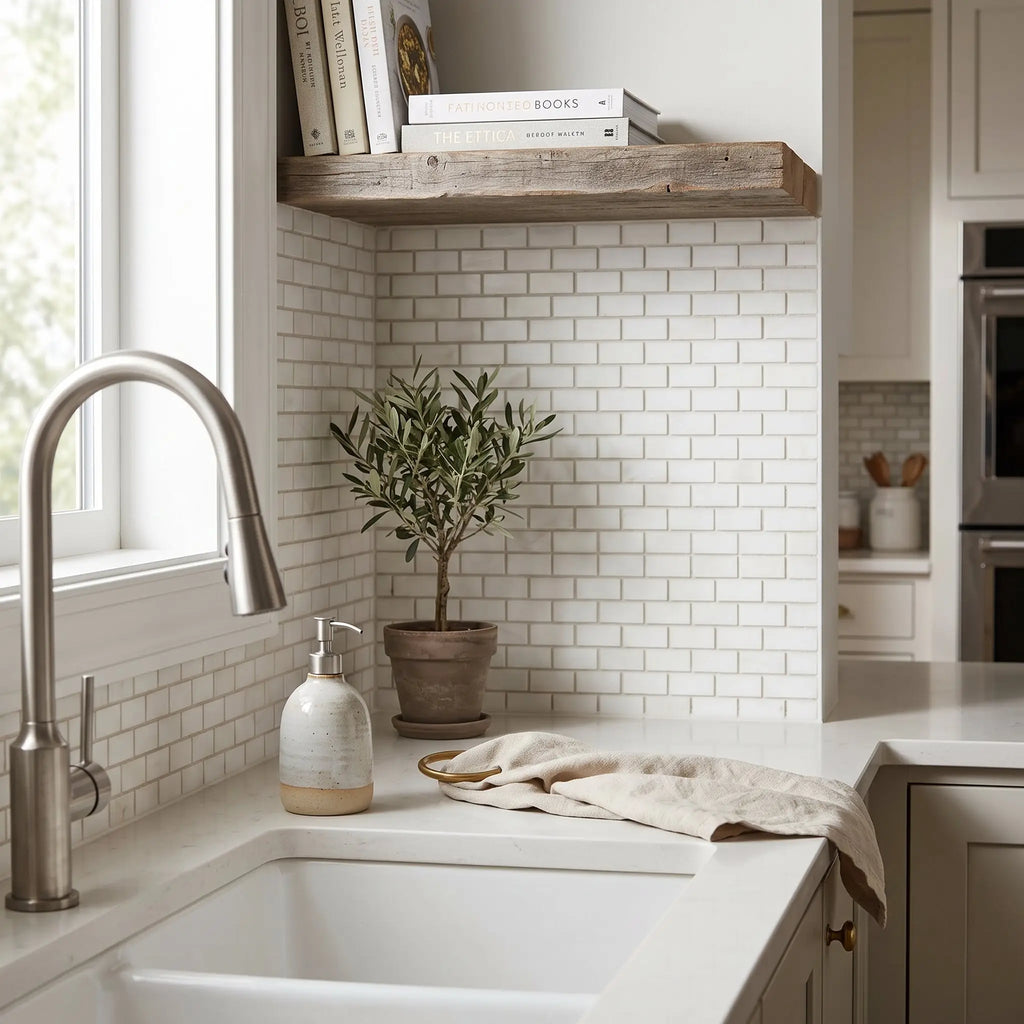 Stainless steel gooseneck faucet with a sleek modern design paired with bianco dolomite white dolomite mini-brick mosaic marble
