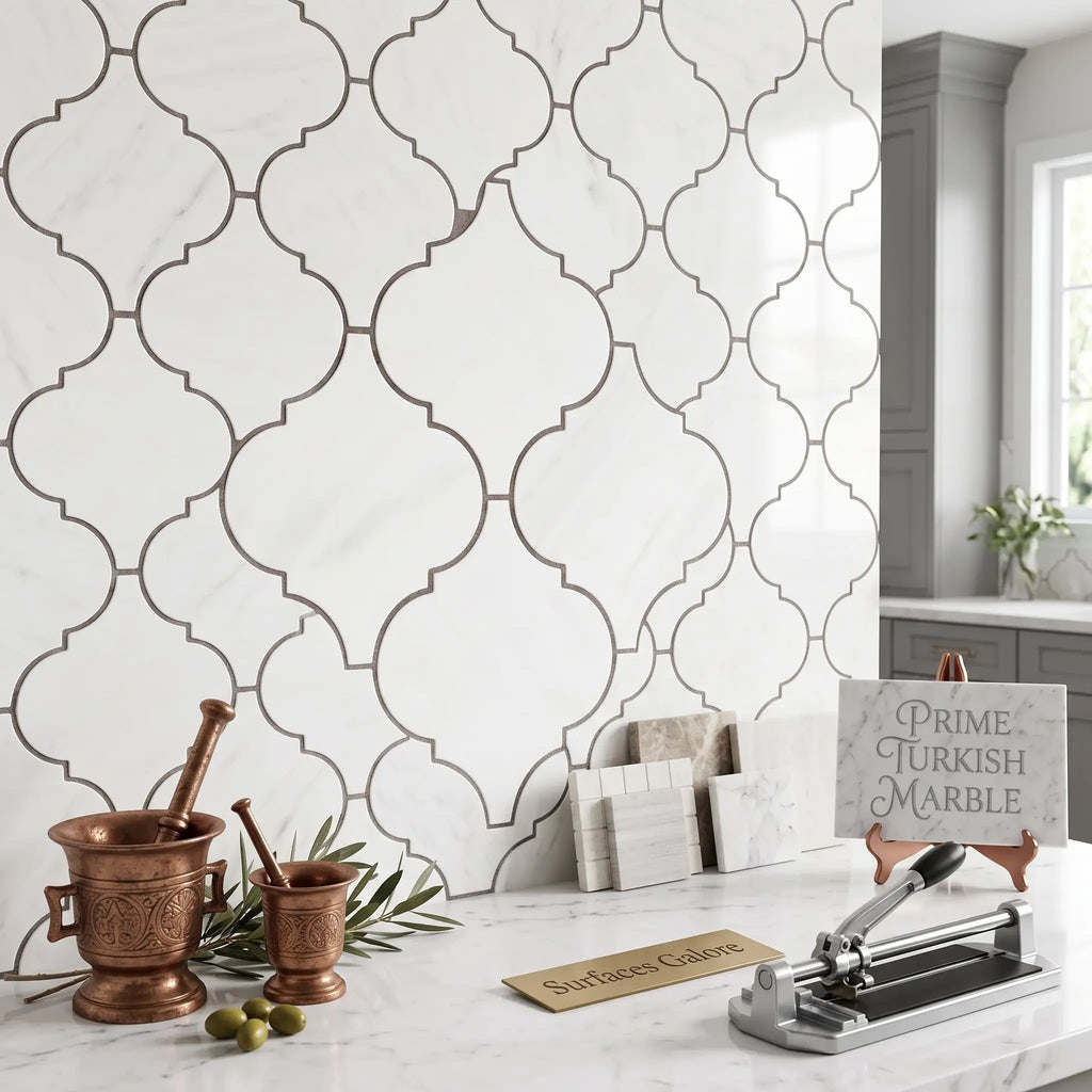 Bianco dolomite white dolomite 6inch lantern mosaic marble tiles with intricate gray grout quatrefoil pattern
