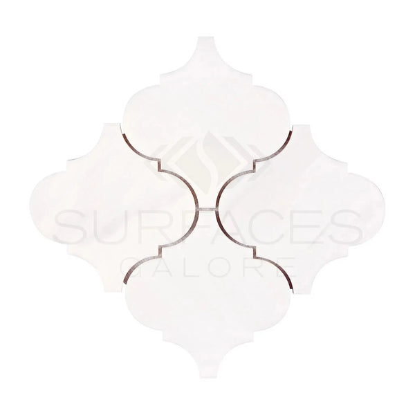 White Arabesque tile arrangement featuring Bianco Dolomite 6-inch Lantern Mosaic