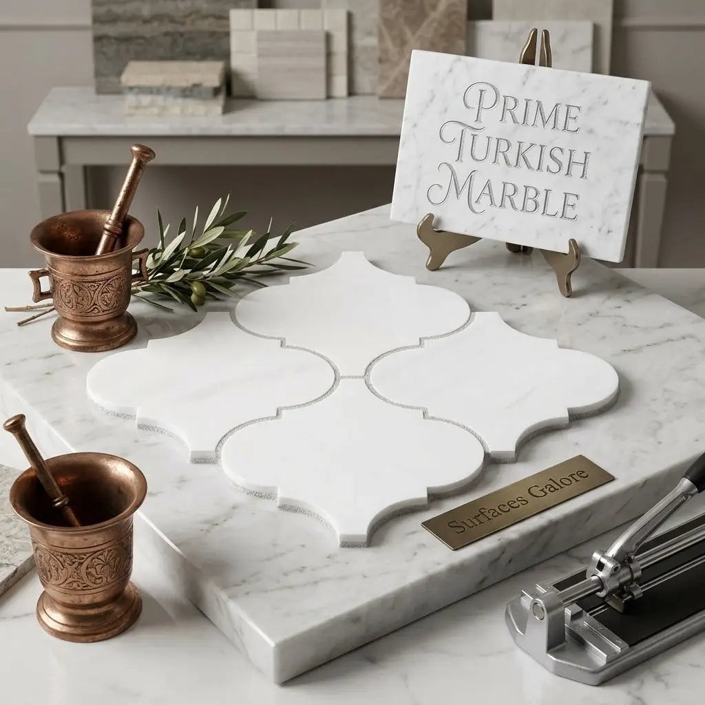 White Turkish marble Bianco Dolomite 6 inch lantern mosaic tiles with polished quatrefoil design in arabesque pattern
