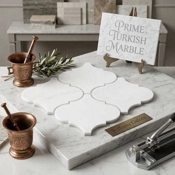 White Turkish marble Bianco Dolomite 6 inch lantern mosaic tiles with polished quatrefoil design in arabesque pattern