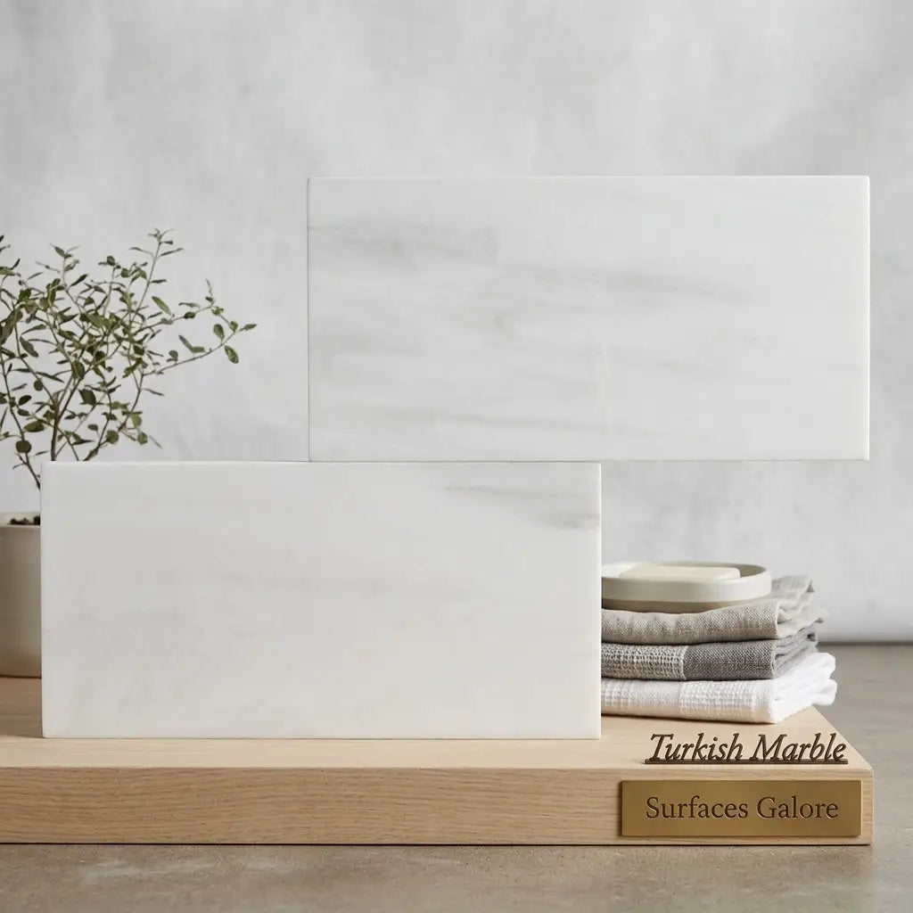 White turkish marble tiles bianco dolomite 6x12 polished with subtle gray veining displayed on wooden base