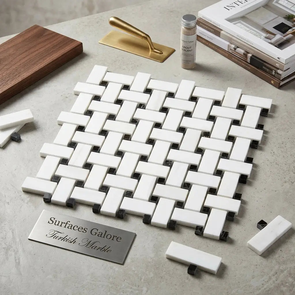 Bianco Dolomite white dolomite basketweave marble tile with black grout lines polished or honed finish