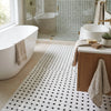 White dolomite basketweave floor tile with black mosaic marble polished finish featuring a woven pattern