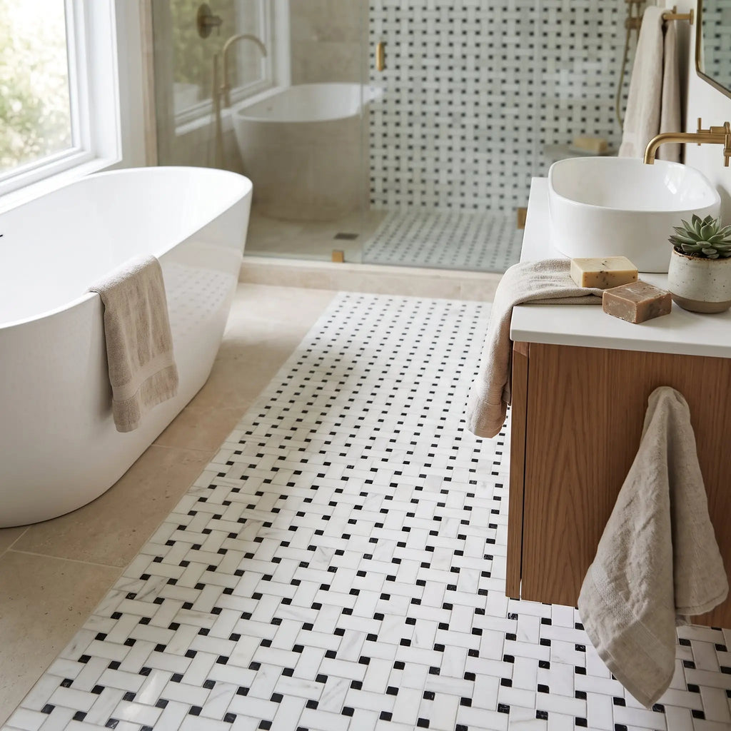 White dolomite basketweave floor tile with black mosaic marble polished finish featuring a woven pattern