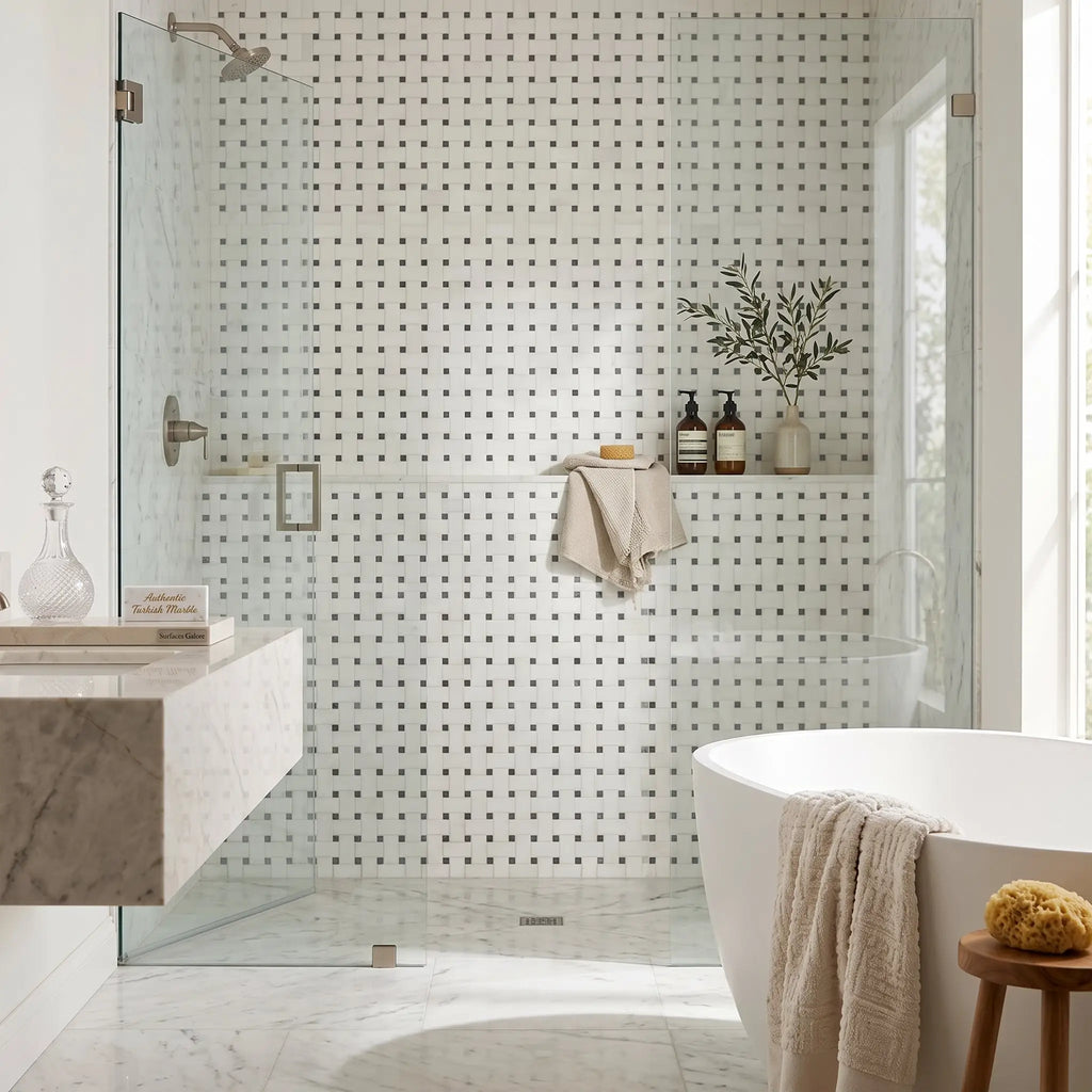 White dolomite basketweave mosaic tile shower wall with subtle dark gray square accents in polished marble finish