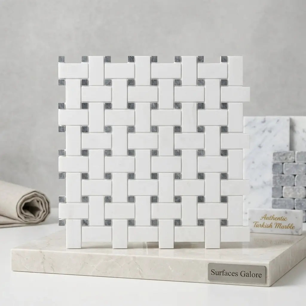 White and gray bianco dolomite basketweave mosaic tile panel with polished interlocking blue-gray marble pattern