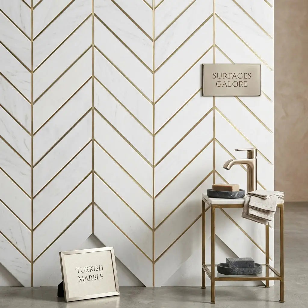 White turkish bianco dolomite chevron mosaic marble tiles with gold metallic accents polished or honed finish