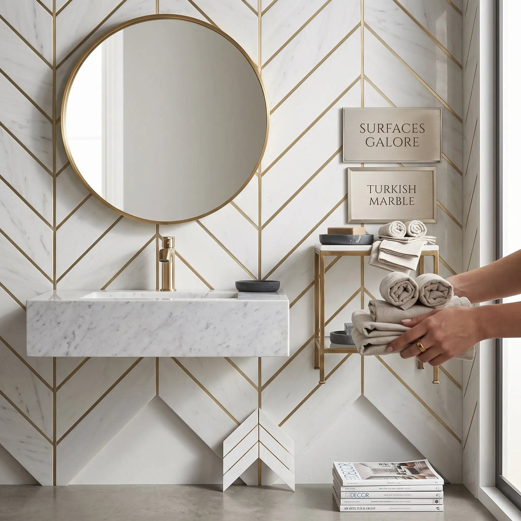 Gold-framed round mirror above white marble bianco dolomite chevron mosaic vanity with gold geometric accents