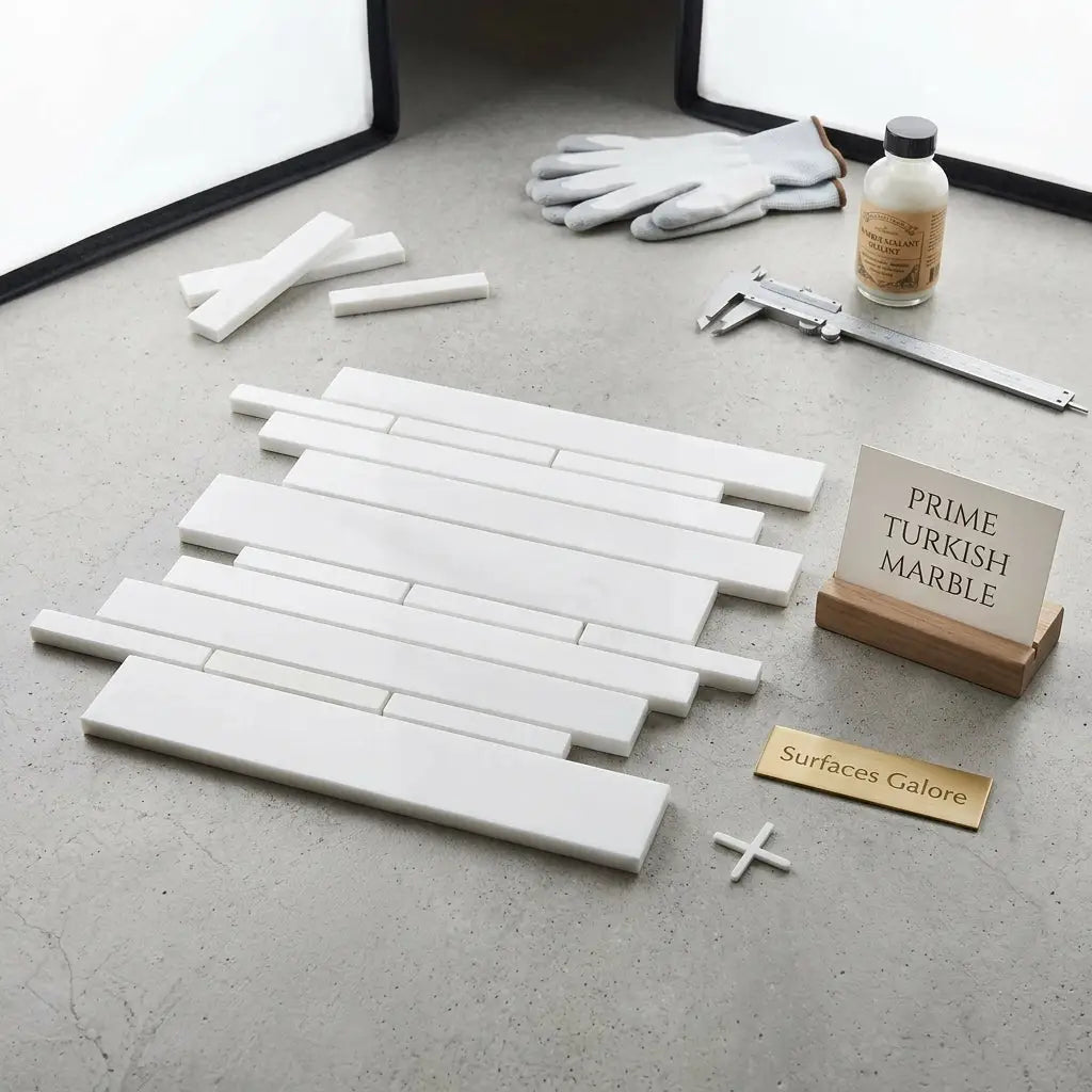 White rectangular bianco dolomite turkish marble tiles arranged in a staggered random-strip polished mosaic pattern