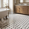 White and black octagon marble mosaic tile floor featuring bianco dolomite polished and honed finish in vintage design
