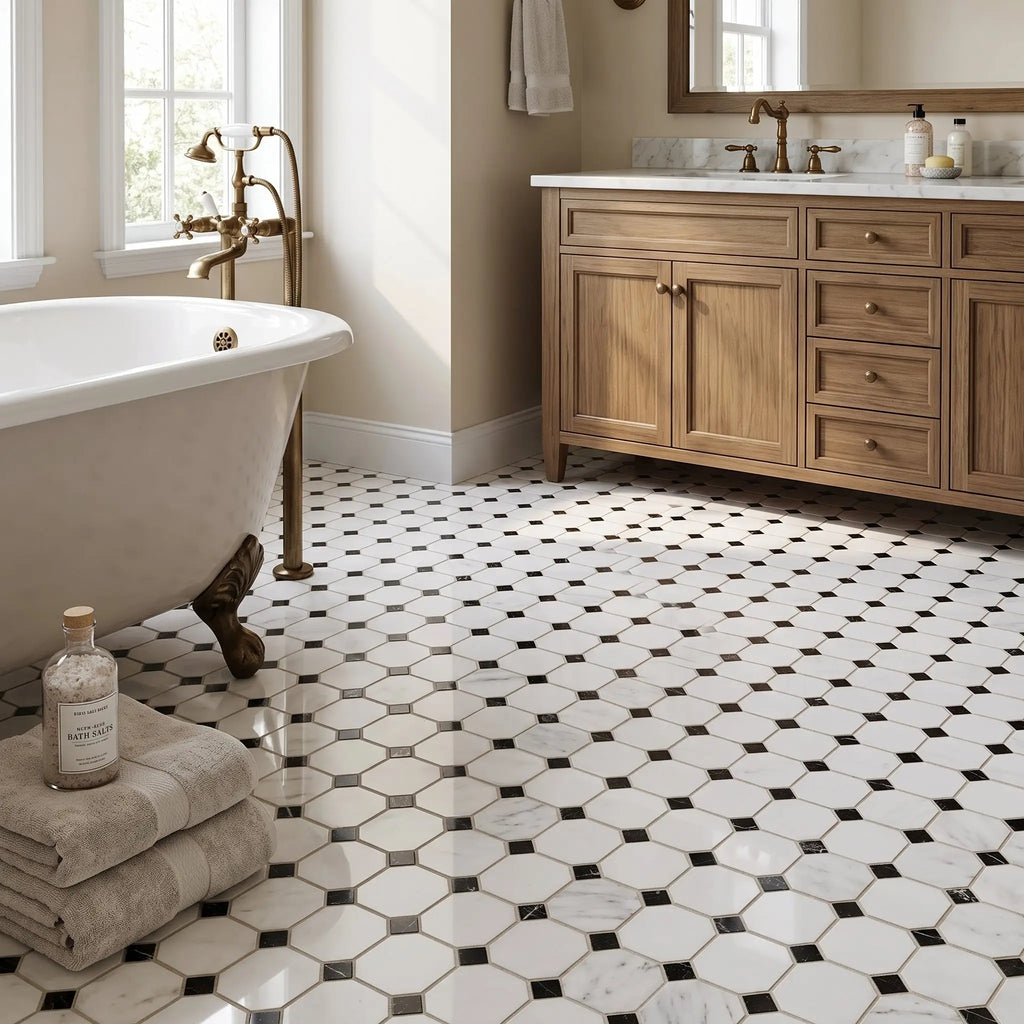 White and black octagon marble mosaic tile floor featuring bianco dolomite polished and honed finish in vintage design