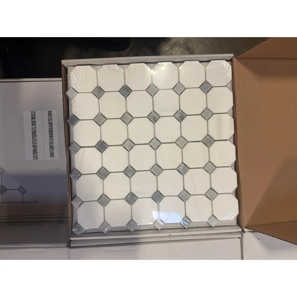 White hexagonal mosaic tile panel with silver mirrored diamond accents in Bianco Dolomite