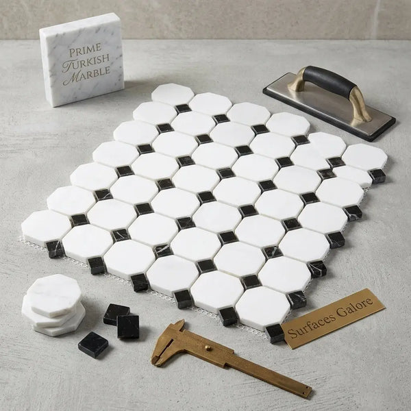 Bianco dolomite octagon white dolomite tile with black mosaic marble polished finish for flooring or walls