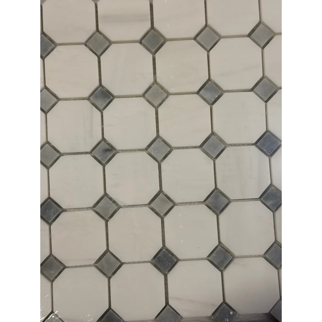 White and gray hexagonal Bianco Dolomite mosaic tile with geometric octagon pattern