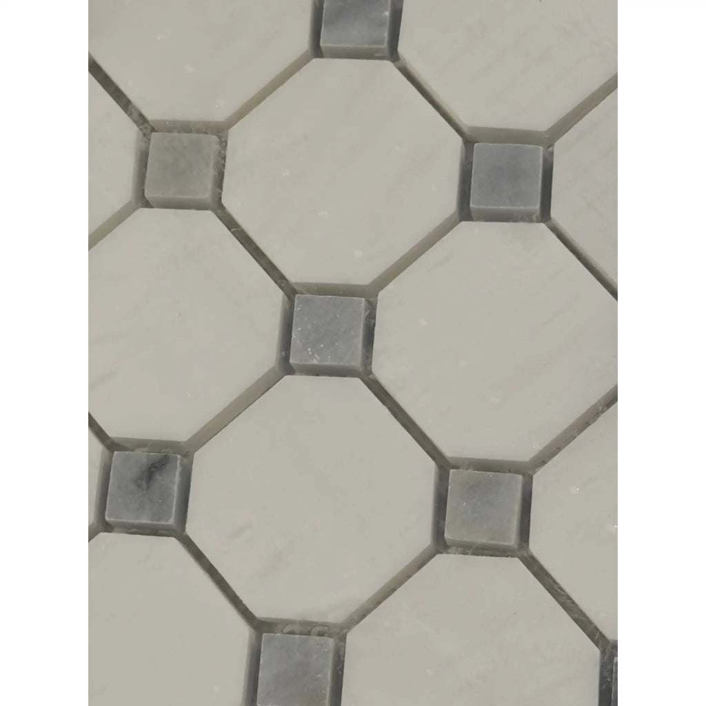 Beige and gray hexagonal mosaic in Bianco Dolomite octagon marble tile