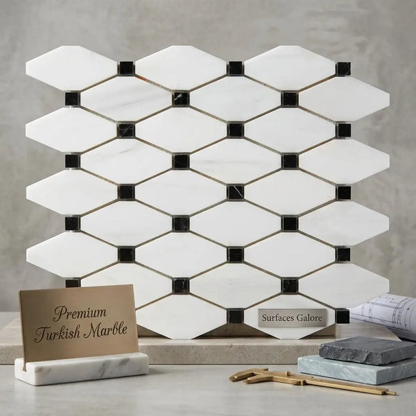 White octagon bianco dolomite marble mosaic tile with black accent squares and metallic grout polished or honed finish