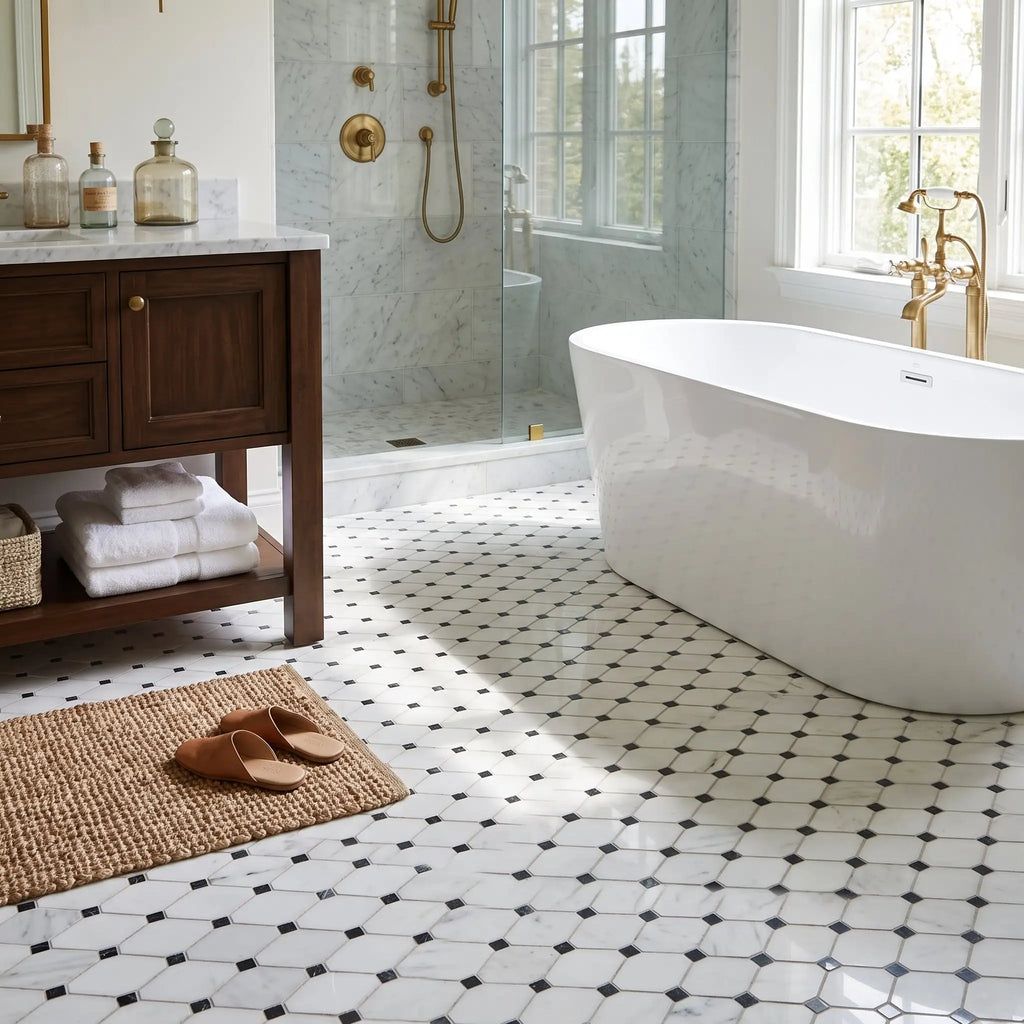 White freestanding octagon bathtub with gold fixtures made of bianco dolomite and blue gray mosaic marble finish