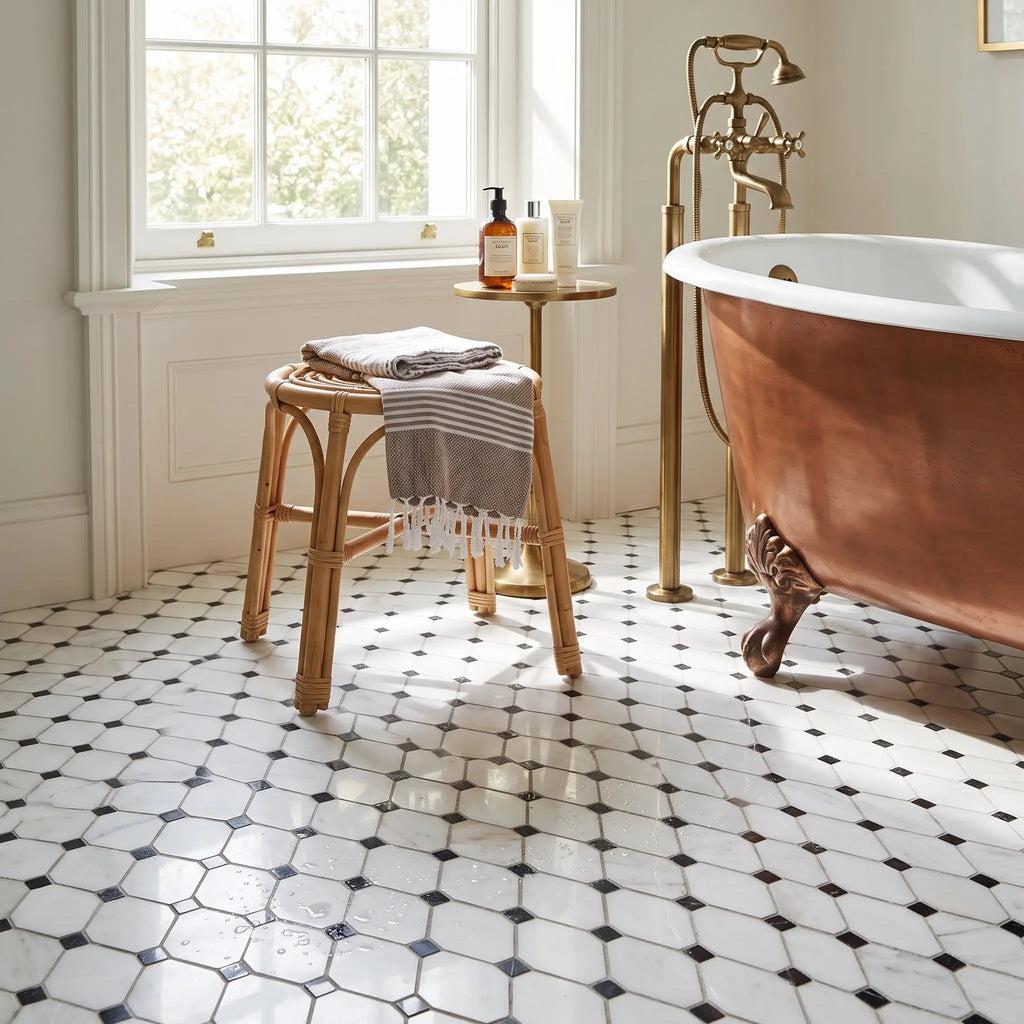 Antique copper clawfoot bathtub with white porcelain interior and ornate brass fixtures in bianco dolomite black mosaic marble
