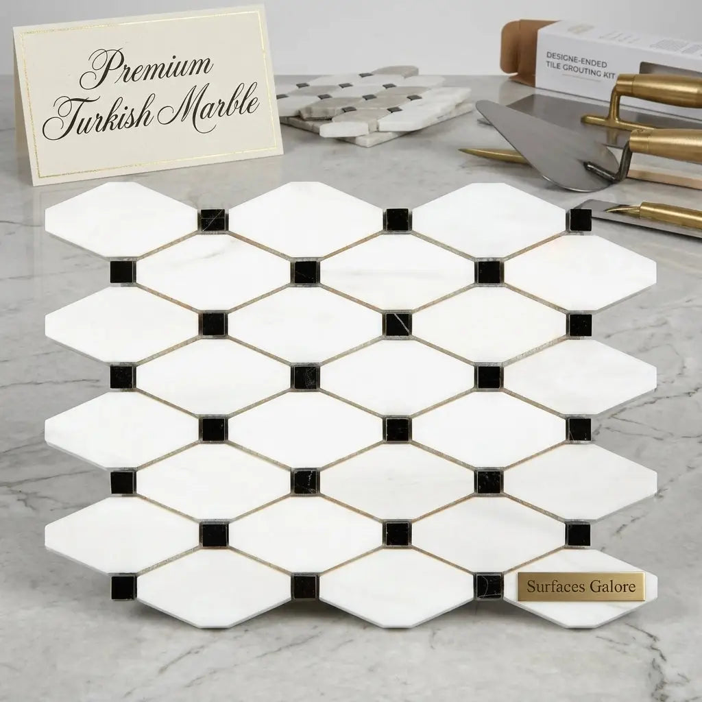 Bianco dolomite white dolomite octave long octagon marble tile with black mosaic accents and gold-toned grout