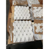 White dolomite octave long octagon mosaic marble tiles with silver grout arranged in a hexagonal repeating pattern