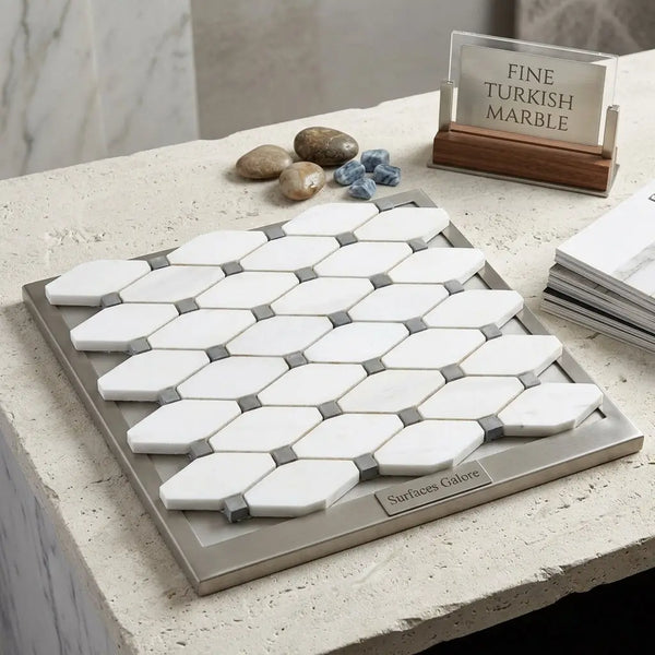 Bianco dolomite white dolomite octave long octagon marble mosaic tiles with silver-gray grout on metallic frame