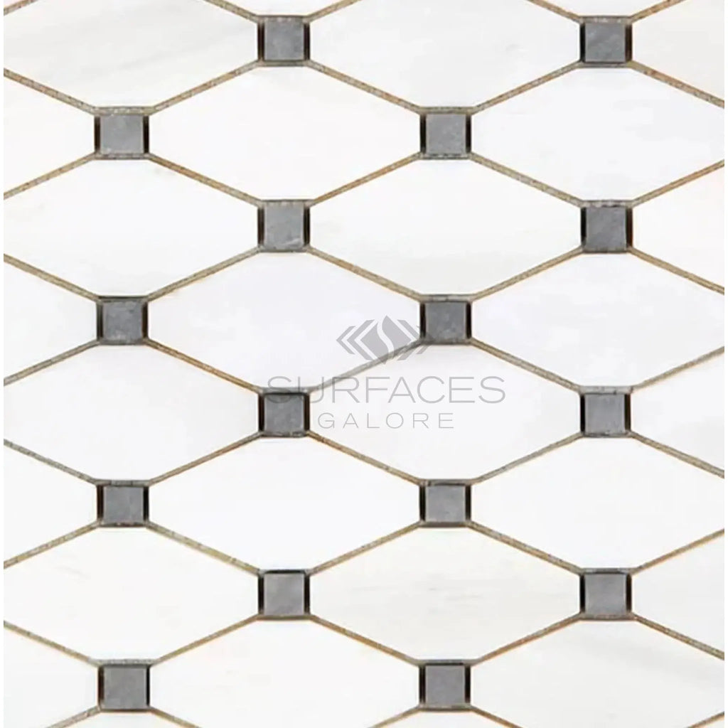 White and gray mosaic tile pattern in Bianco Dolomite Octave with blue-gray accents