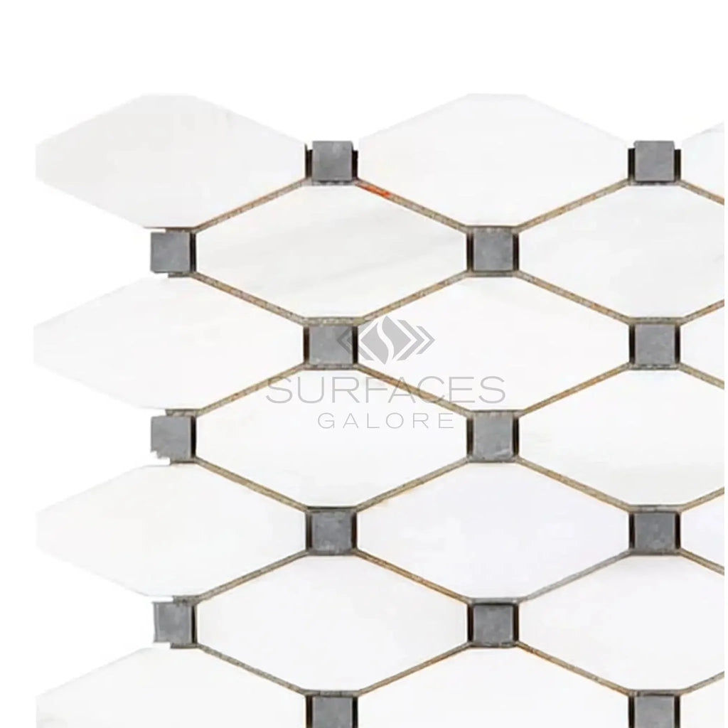 White diamond mosaic tile in Bianco Dolomite Octave with Blue-Gray Marble finish